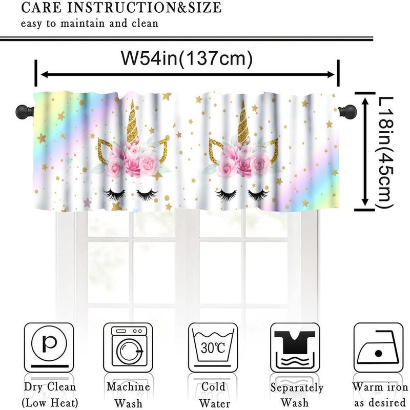 AAVEUP Unicorn Girls Valance Curtain Cartoon Ombre Rainbow Dream Pink Gold Princess Unicorn Stars Colorful Cake Window Treatment Valances Curtains for Kids Nursery Bedroom Living Room 54x18In - Image 3
